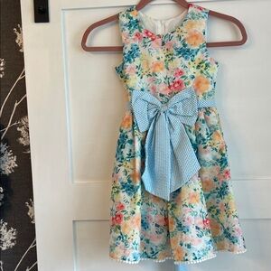 Rare Editions Floral Dress with Blue Striped Bow